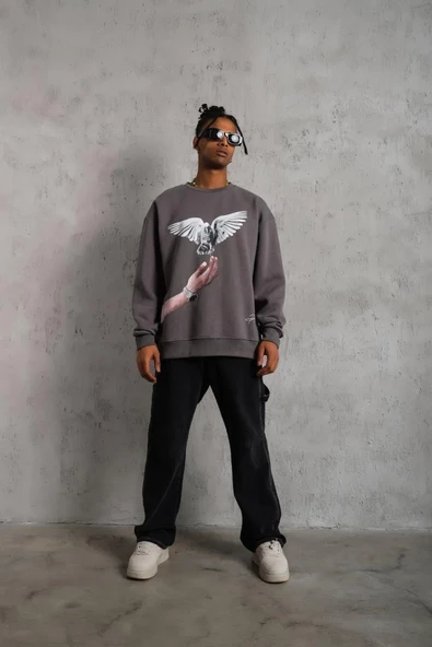 Erkek Güvercin Baskılı Sweatshirt - Gri - Resim 2