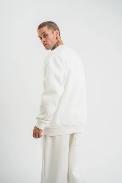 Uzun Kol Bisiklet Yaka Basic Sweatshirt - Beyaz - Resim 2