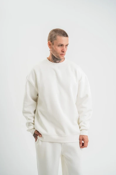 Uzun Kol Bisiklet Yaka Basic Sweatshirt - Beyaz - Resim 7