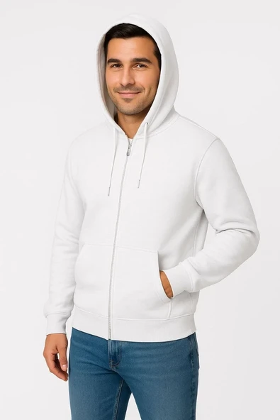 Erkek Üç İplik Kapüşonlu Tam Fermuarlı Kanguru Cepli Sweatshirt Hoodie - Beyaz ürün görseli 1