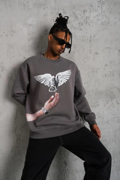 Erkek Güvercin Baskılı Sweatshirt - Gri - Resim 4