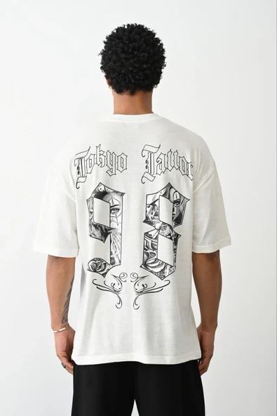 Unisex Baskılı Oversize T-shirt - Beyaz ürün görseli 1