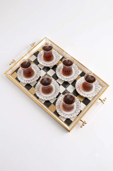Çay Takımı 6 Kişilik Seramik Tabaklı Çay Bardağı + Çay Tabağı + Çay Tepsisi ürün görseli 1