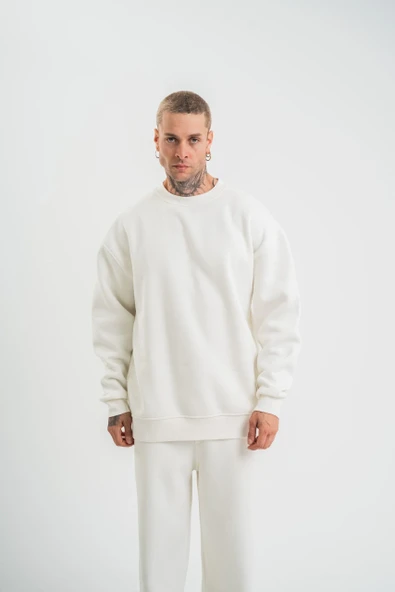 Uzun Kol Bisiklet Yaka Basic Sweatshirt - Beyaz ürün görseli 1