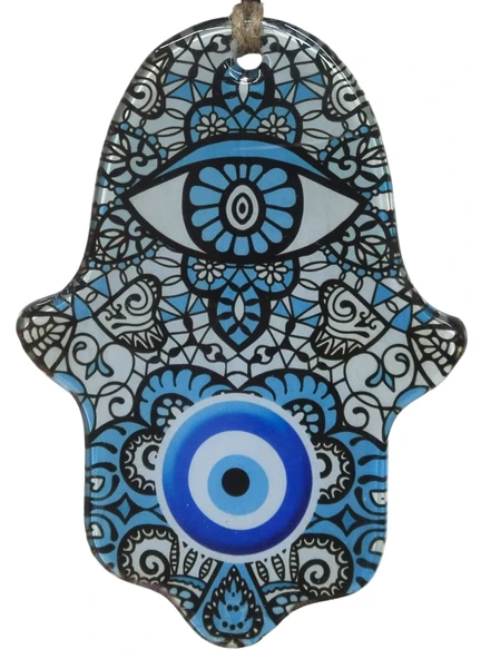 Dantel Motifli Cam Hamsa Eli Duvar Dekoru - Nazar Boncuklu Jüt İpli Süs 10x15 cm ürün görseli 1