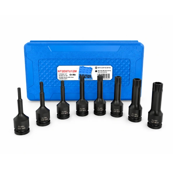 8 Parça 1/2" Cr-Mo M-Tipi Uzun Lokma Seti XZN Spline Üçlü Kare NTZSETU12M ürün görseli 1