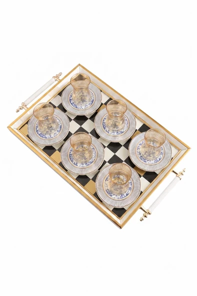 Çay Takımı 6 Kişilik Seramik Tabaklı Çay Bardağı + Çay Tabağı +  Çay Tepsisi ürün görseli 1