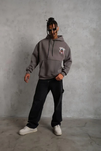 Erkek School Boy Baskılı Kapüşonlu Sweat - Gri - Resim 4