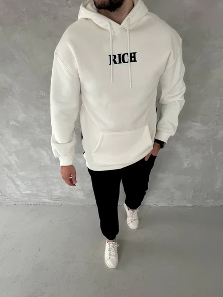 Uzun Kol Kapüşonlu Göğüs Baskılı Sweatshirt - Beyaz ürün görseli 1