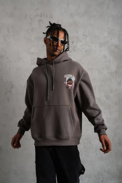 Erkek School Boy Baskılı Kapüşonlu Sweat - Gri - Resim 2