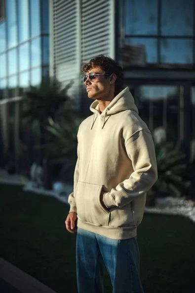 Üç İplik Penye Kapüşonlu Basic Sweatshirt - Bej ürün görseli 1