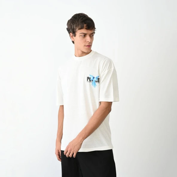 Unisex Bisiklet Yaka Baskılı Oversize T-shirt - Beyaz ürün görseli 1