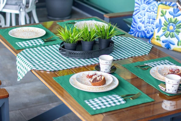 Tropik home Amerikan Servis  Moena Dinner  Runner Seti 6 Kişilik Set Yeşil  Ekose Desen Salon ve Masa Sunum Takımı ürün görseli 1