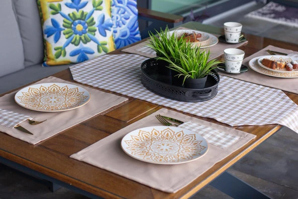Tropik home Amerikan Servis  Moena Dinner  Runner Seti 6 Kişilik Set Kahve Ekose Desen Salon ve Masa Sunum Takımı ürün görseli 1