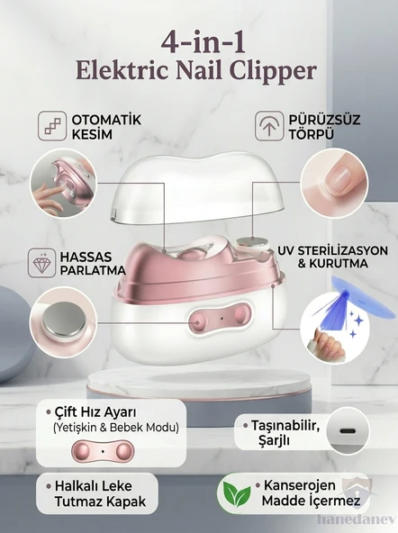 4'ü 1 Arada Şarjlı Tırnak Makası Bakım Seti Otomatik Kesim, Törpüleme, Parlatma UV Lamba Hız Ayarlı ürün görseli 1