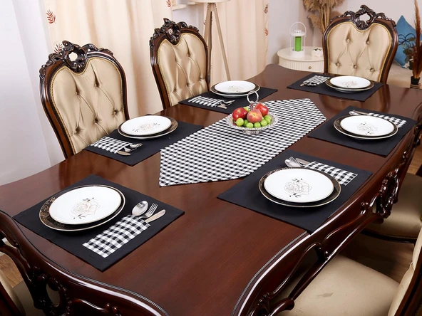 Tropik home Amerikan Servis  Moena Dinner  Runner Seti 6 Kişilik Set Siyah Ekose Desen Salon ve Masa Sunum Takımı ürün görseli 1