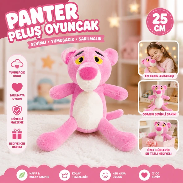 Panter Peluş Oyuncak 25 CM Yumuşacık Dokulu Sevimli Pembe Peluş ürün görseli 1
