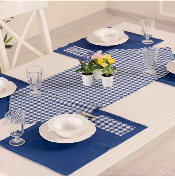 Tropik home Amerikan Servis  Moena Dinner  Runner Seti 6 Kişilik Set Mavi Ekose Desen Salon ve Masa Sunum Takımı ürün görseli 1