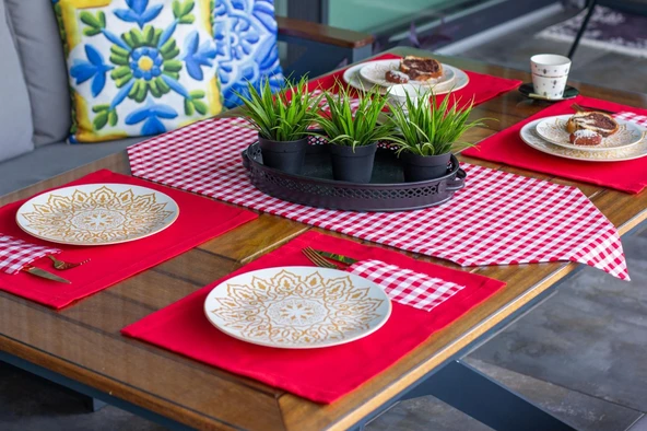 Tropik home Amerikan Servis  Moena Dinner  Runner Seti 6 Kişilik Set Kırmızı  Ekose Desen Salon ve Masa Sunum Takımı ürün görseli 1