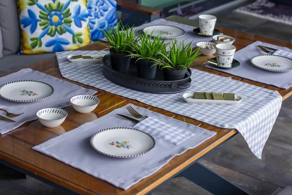 Tropik home Amerikan Servis  Moena Dinner  Runner Seti 6 Kişilik Set Pudra Ekose Desen Salon ve Masa Sunum Takımı ürün görseli 1