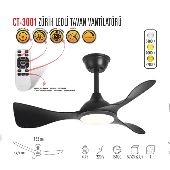 Cata Zürih Ledli Tavan Vantilatörü Ct-3001 - Resim 2