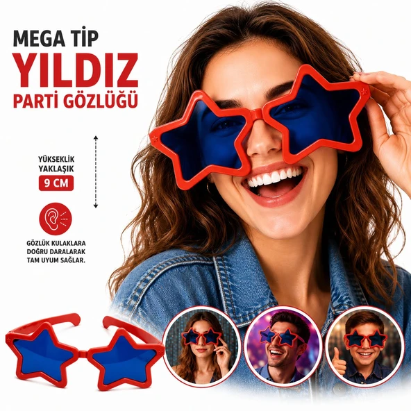 Mega Tip Yıldız Parti Gözlüğü Kırmızı Renk ürün görseli 1