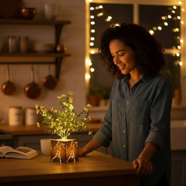 Siyah Saksılı Led Yapay Çiçek - Resim 4