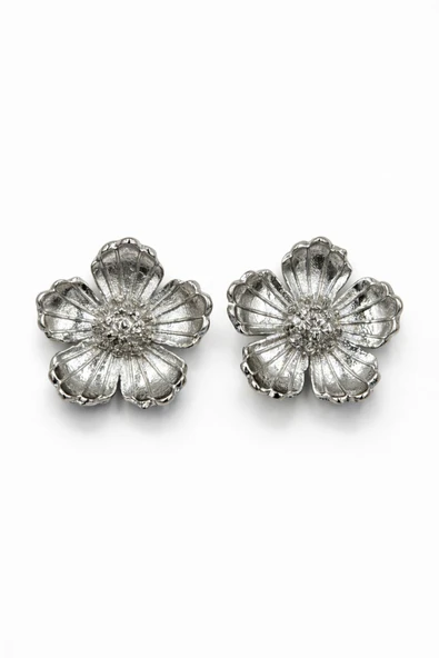 Gümüş Peony Çivi Küpe - Resim 2
