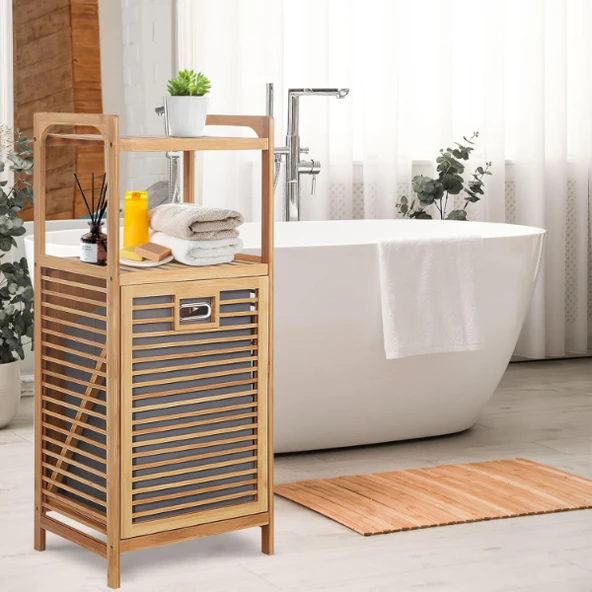 2 Organizer Raflı Ahşap Bambu Çek-Aç Kirli Sepeti - Resim 4