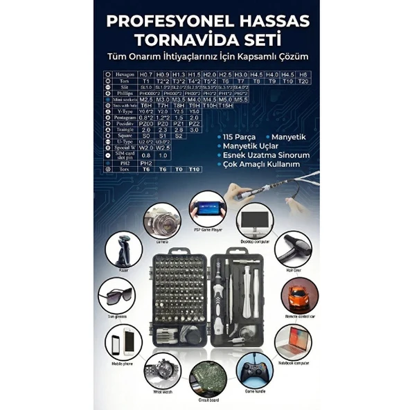 115 Parça Manyetik Uçlu Hassas Tornavida Seti - Resim 3