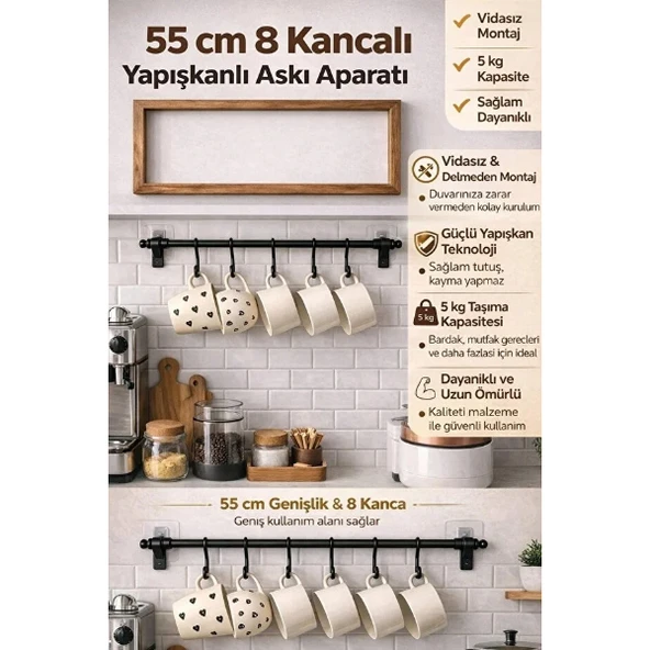 8 Kancalı Yapışkanlı Askı Aparatı - Resim 2