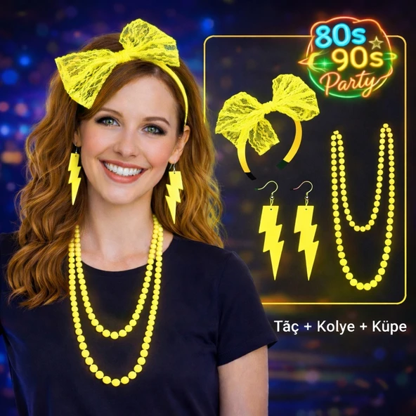 80’Ler 90’Lar Neon Sarı Parti Seti – Kolye Küpe Taç ürün görseli 1