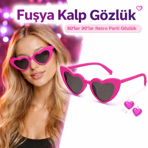 Fuşya Retro Kalp Gözlük – 80’ler 90’lar Stil Parti Gözlüğü ürün görseli 1