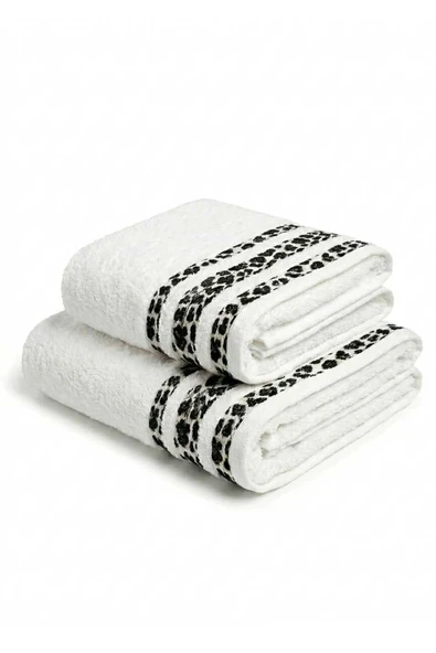 2 Parça Banyo Havlu Seti %100 Pamuk 70x140+50x90 Cm Savana Beyaz ürün görseli 1
