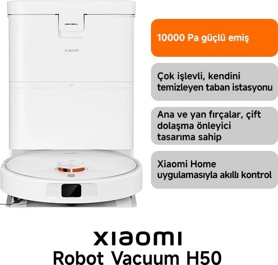 Robot Vacuum H50 Beyaz Akıllı Robot Süpürge + Paspas - 10000 Pa Emiş Gücü ( Xiaomi Tr Garantili) ürün görseli 1