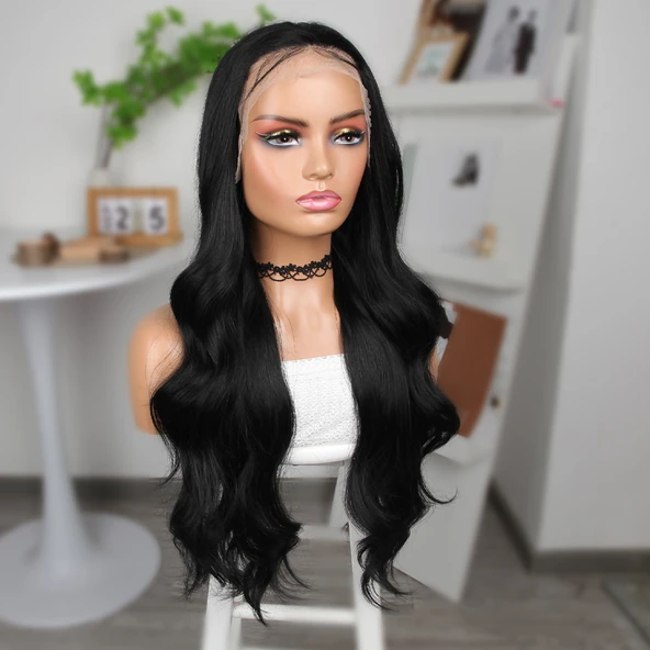 Siyah Fiber Sentetik Geniş Dalgalı Tül Peruk - Resim 3