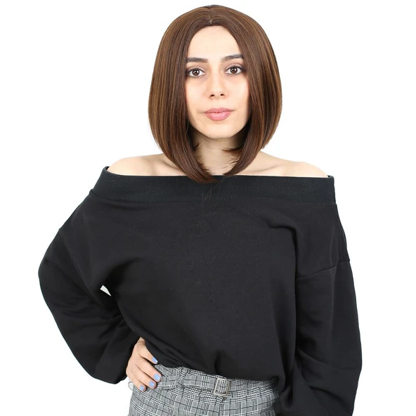 Kahkülsüz Düz Kısa Fiber Sentetik Peruk / Kahve Karamel ürün görseli 1