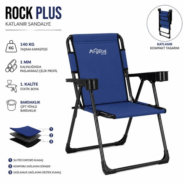 4 Adet Katlanır Kamp Sandalyesi Seti - Rock Plus - Lacivert - Resim 2