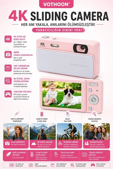Dijital Kamera 4K Hd 48Mp 16X Zoom Flaşlı Kayar Video Kamera 2.8’’ Ekran 64Gb Sd Kart Hediyeli Pembe ürün görseli 1