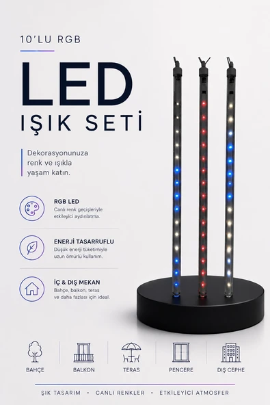 Rgb Led Dış İç Mekan Süsleme Işığı 10 Çubuklu Şerit ürün görseli 1