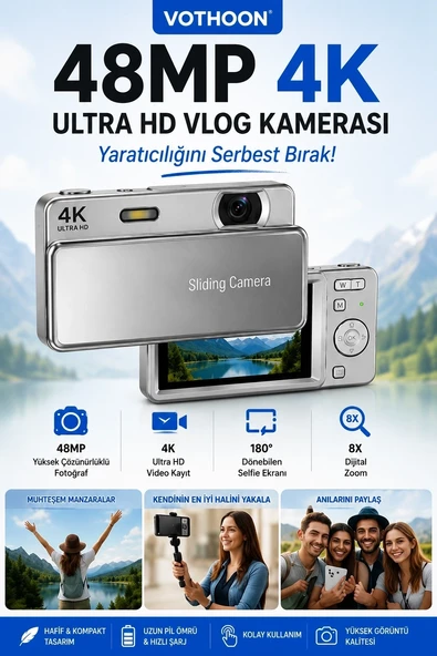 Dijital Kamera 4K Hd 48Mp 16X Zoom Flaşlı Kayar Video Kamera 2.8’’ Ekran 64Gb Sd Kart Hediyeli Gümüş ürün görseli 1