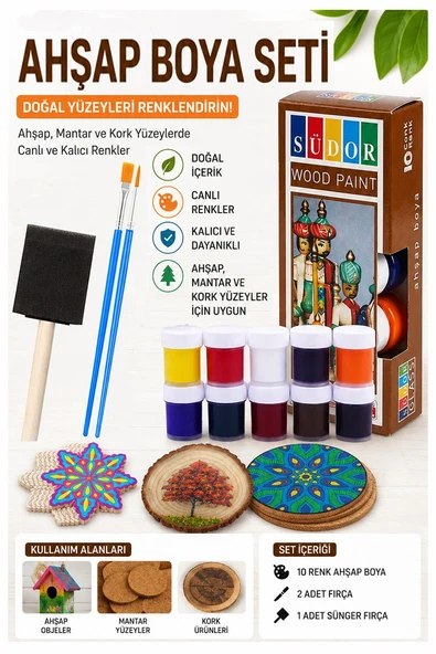 Ahşap Boyası 10 Renk 20ml 1 Paket Südor 10 Lu Ahşap Boya Yüksek Kapatıcılık Kesik Uçlu Sünger Fırça Canlı Renk ürün görseli 1