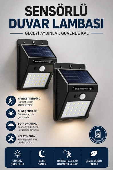 Solar Sensörlü Duvar Lambası Bahçe Lamba 20 Led Işık ürün görseli 1