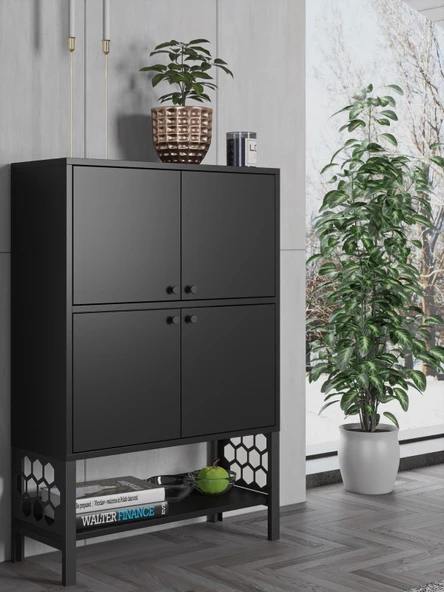 Wood'n Love Lina Premium Desenli Metal Ayaklı Dolaplı Vitrin - Konsol - Siyah / Siyah ürün görseli 1