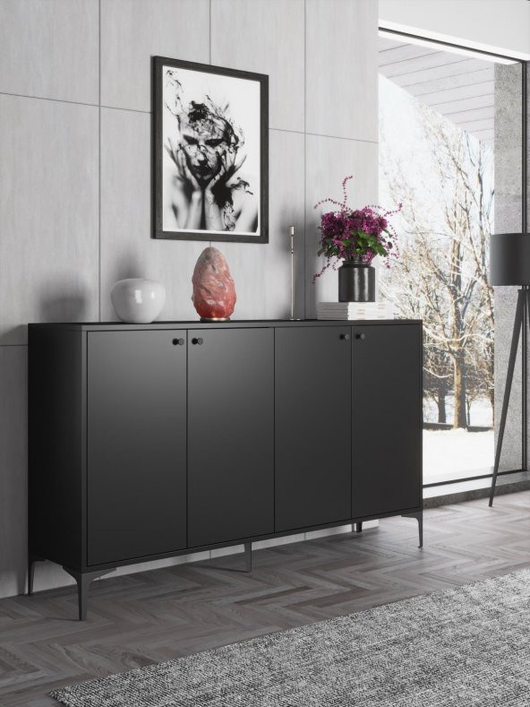 Woodn Love Hestia Premium 4 Kapaklı Metal Ayaklı 160 Cm Çok Amaçlı Dolap Konsol - Siyah / Siyah ürün görseli 1