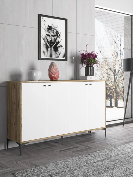 Wood'n Love Hestia 4 Kapaklı Metal Ayaklı 160 Cm Çok Amaçlı Dolap Konsol - Atlantik Çam - Beyaz / Siyah ürün görseli 1
