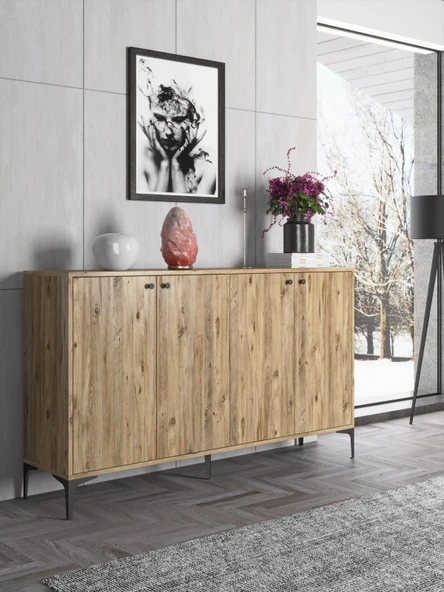 Wood'n Love Hestia 4 Kapaklı Metal Ayaklı 160 Cm Çok Amaçlı Dolap Konsol - Atlantik Çam / Siyah ürün görseli 1