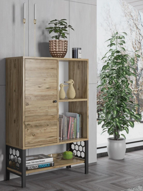 Wood'n Love Lara Desenli Metal Ayaklı Dolaplı Vitrin - Konsol - Atlantik Çam / Siyah ürün görseli 1