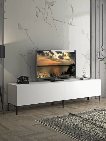 Wood'n Love Vega Premium 200 Cm Geniş Dolaplı Metal Ayaklı Tv Ünitesi - Beyaz / Siyah ürün görseli 1