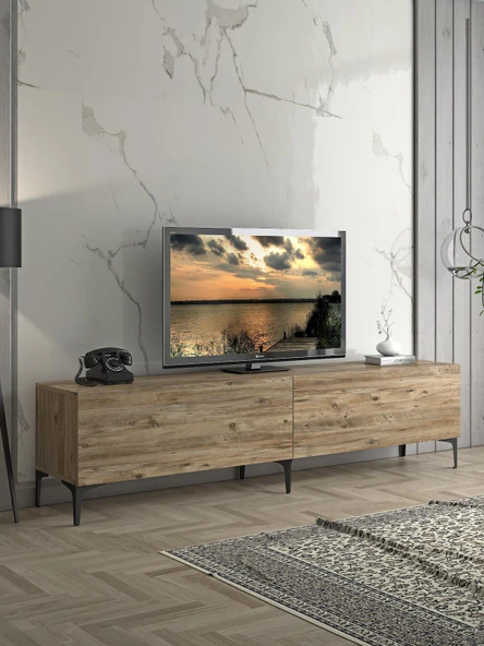 Wood'n Love Vega Premium 200 Cm Geniş Dolaplı Metal Ayaklı Tv Ünitesi - Atlantik Çam / Siyah ürün görseli 1